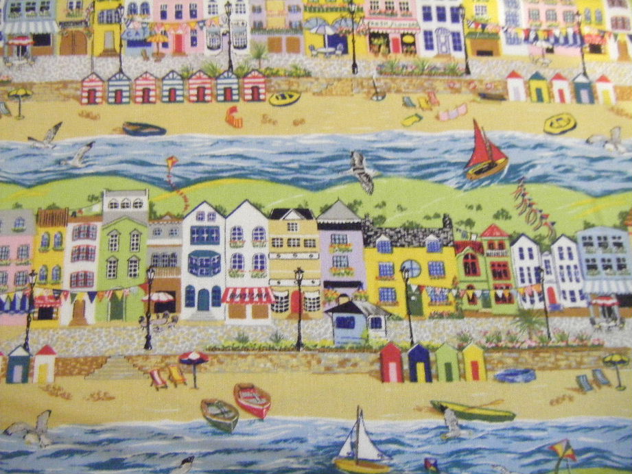 Seaside - Beach Huts, Sailing Boats, Seagulls - Bright Colours - Click Image to Close